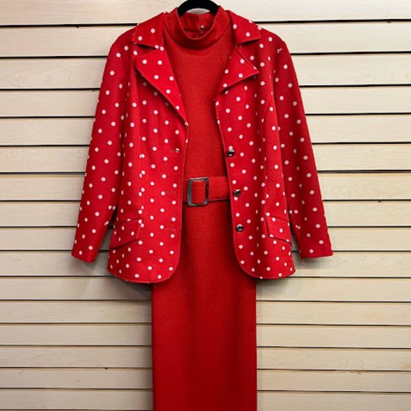 Red Vintage 60s Polka Dot Blazer and Cowl Sleeveless Dress Set - Picture 1 of 1